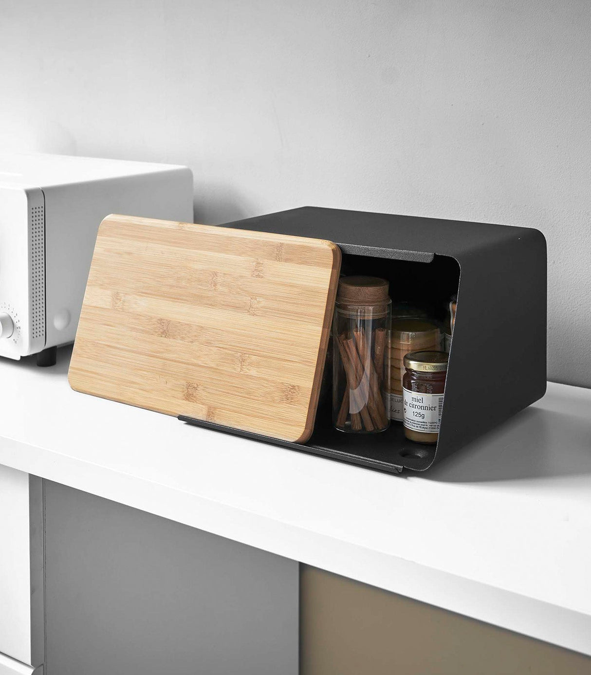 Bread Box with Cutting Board Lid - Steel + Wood from Yamazaki Home