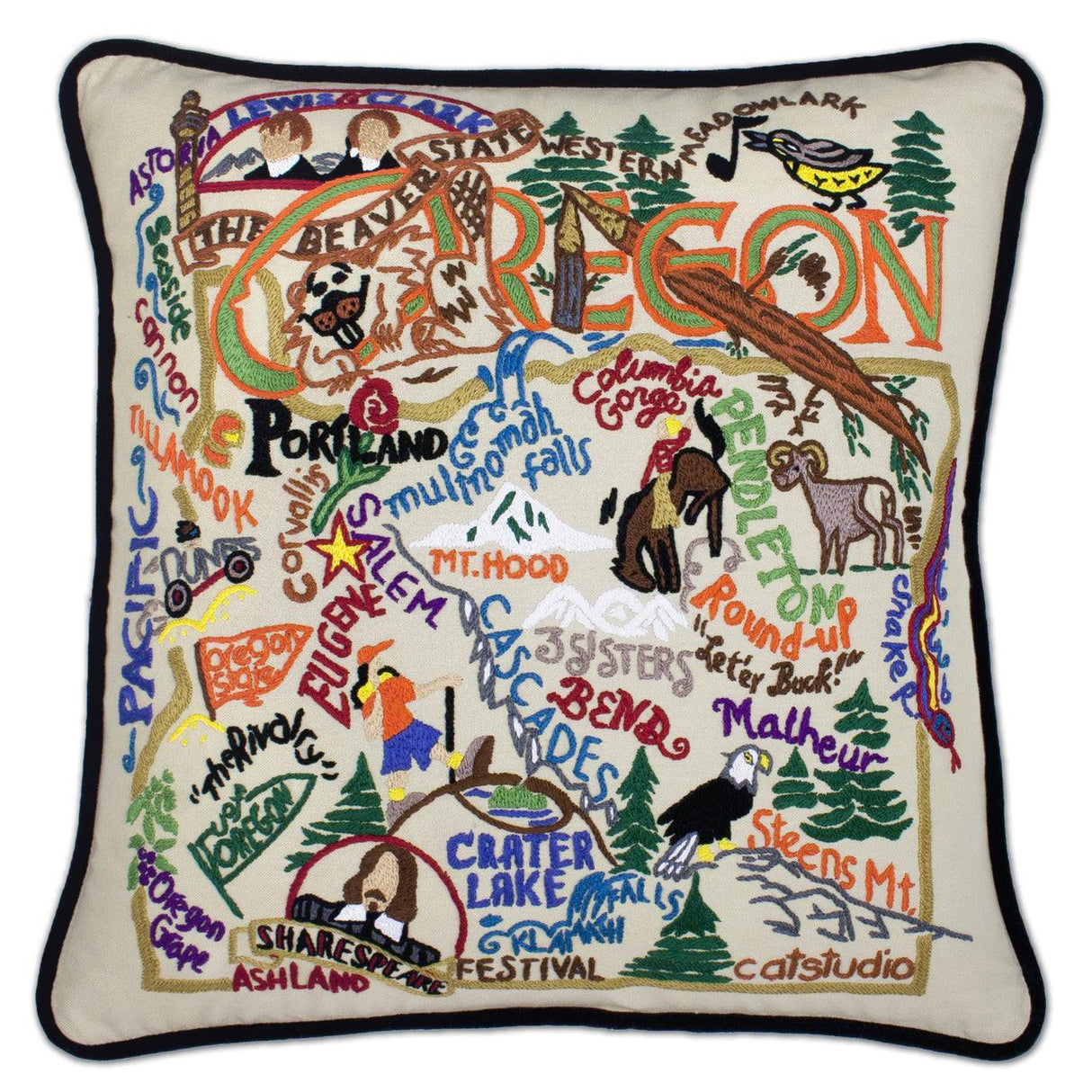 Oregon Hand-Embroidered Pillow from Quirks!