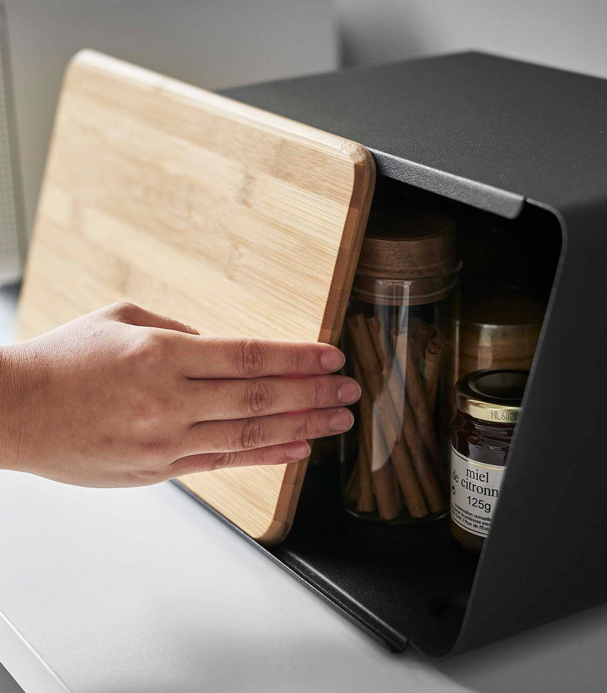 Bread Box with Cutting Board Lid - Steel + Wood from Yamazaki Home