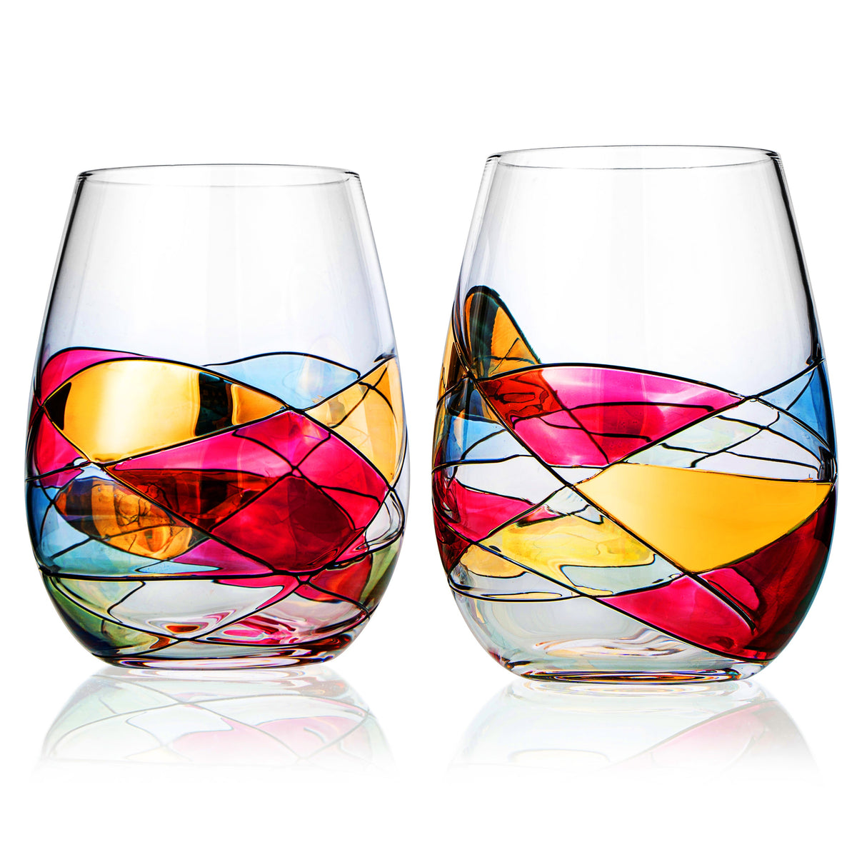 Artisanal Hand Painted Stemless - Gift for Mom, Friends, Girlfriends, Renaissance Romantic Stain-glassed Windows Wine Glasses Set of 2 - Gift Idea for Birthday, Housewarming - Extra Large Goblets from The Wine Savant