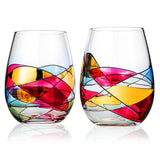 Artisanal Hand Painted Stemless - Gift for Mom, Friends, Girlfriends, Renaissance Romantic Stain-glassed Windows Wine Glasses Set of 2 - Gift Idea for Birthday, Housewarming - Extra Large Goblets from The Wine Savant