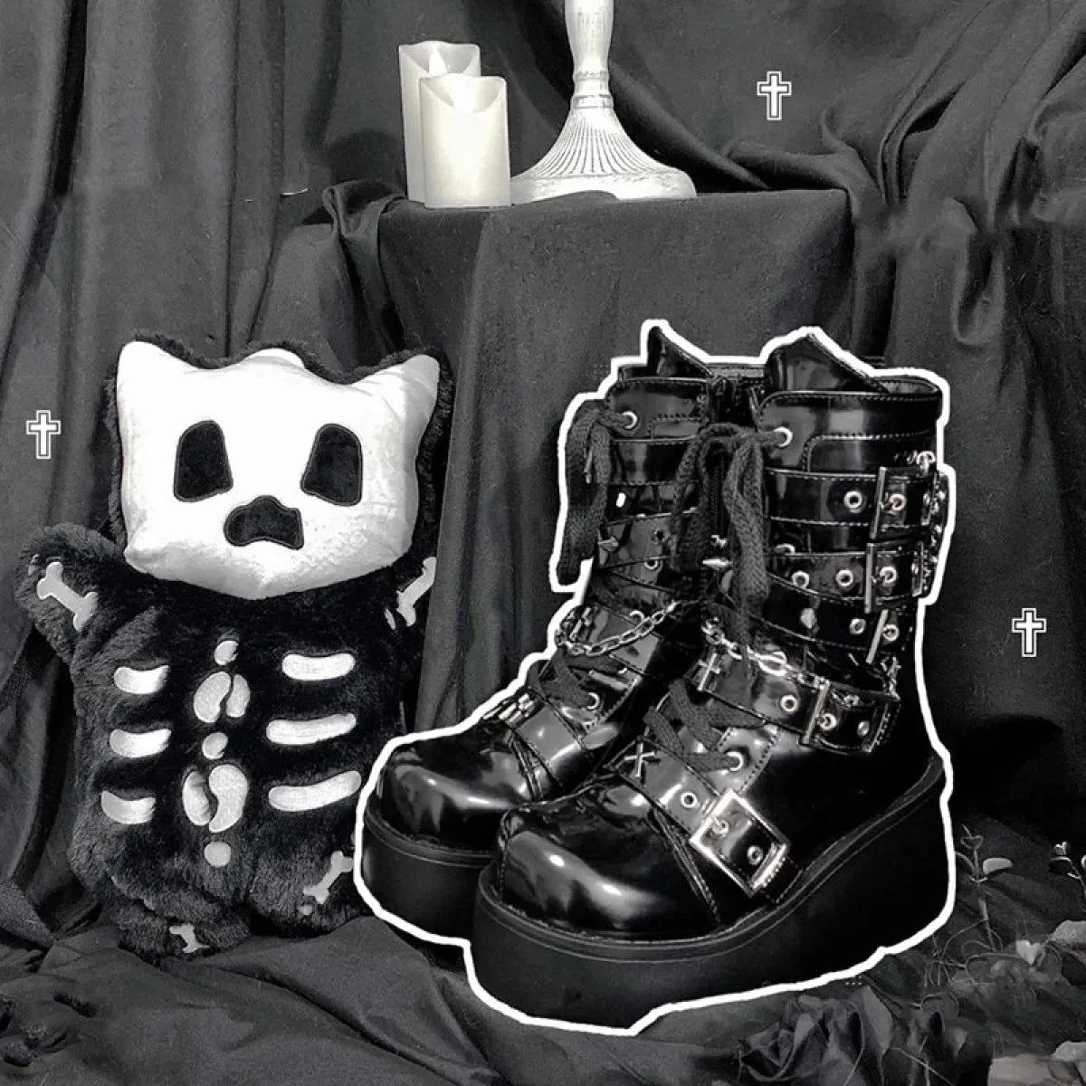 Metal Chain Patent Leather Ankle Boots - Chunky Platform Gothic Boots Strap from Kawaii Stop