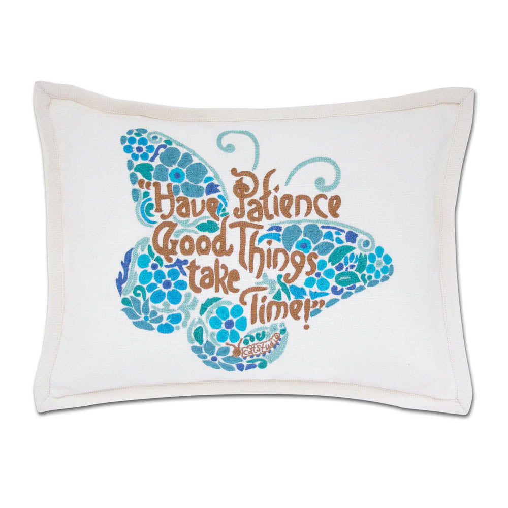 Patience Butterfly Love Letters Hand-Embroidered Pillow - Available in Pink or Blue by CatStudio from Quirks!