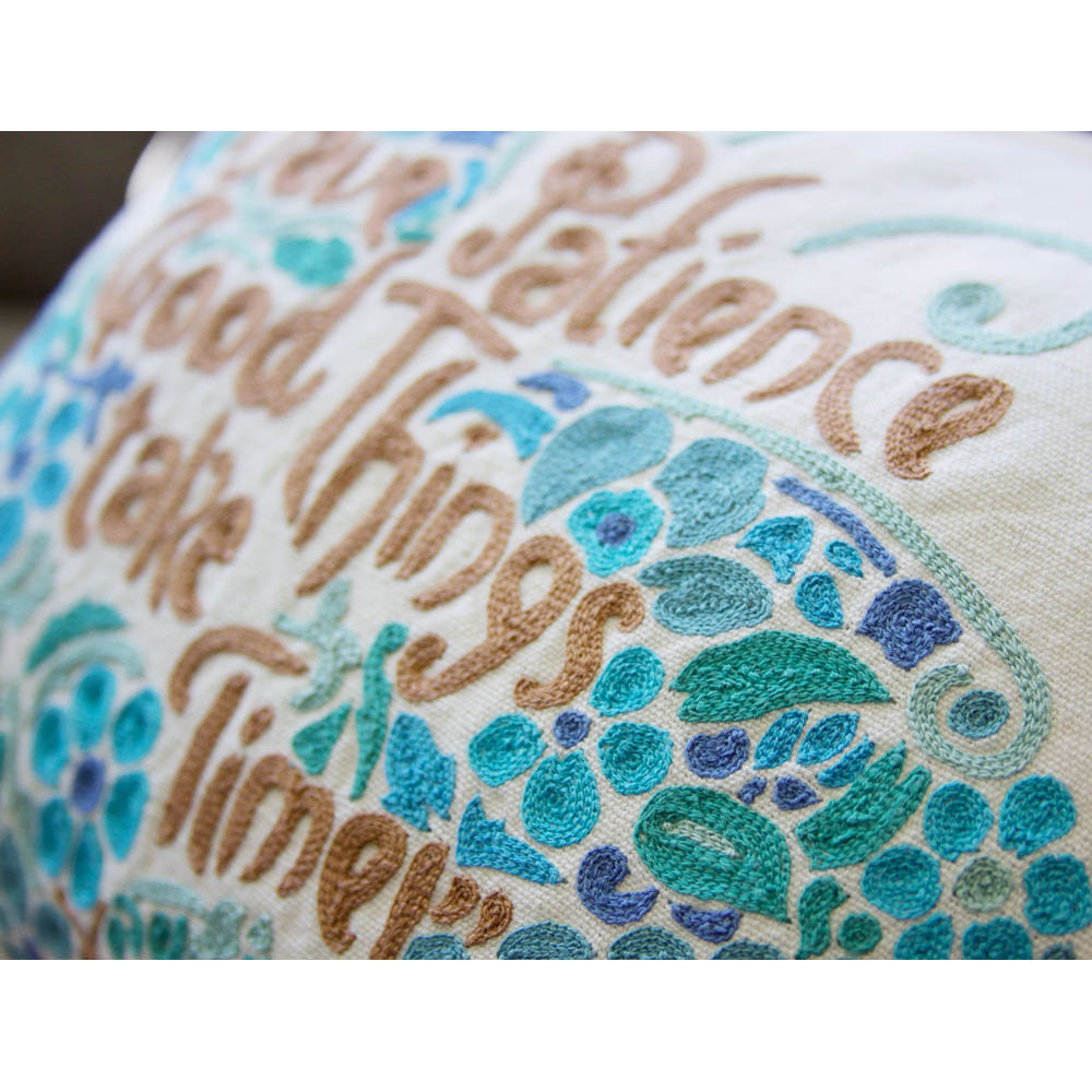 Patience Butterfly Love Letters Hand-Embroidered Pillow - Available in Pink or Blue by CatStudio from Quirks!