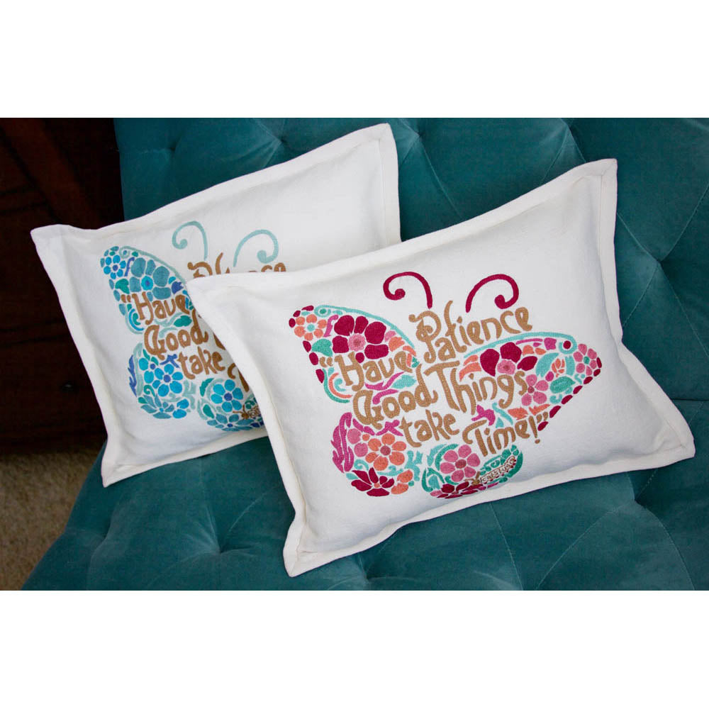 Patience Butterfly Love Letters Hand-Embroidered Pillow - Available in Pink or Blue by CatStudio from Quirks!