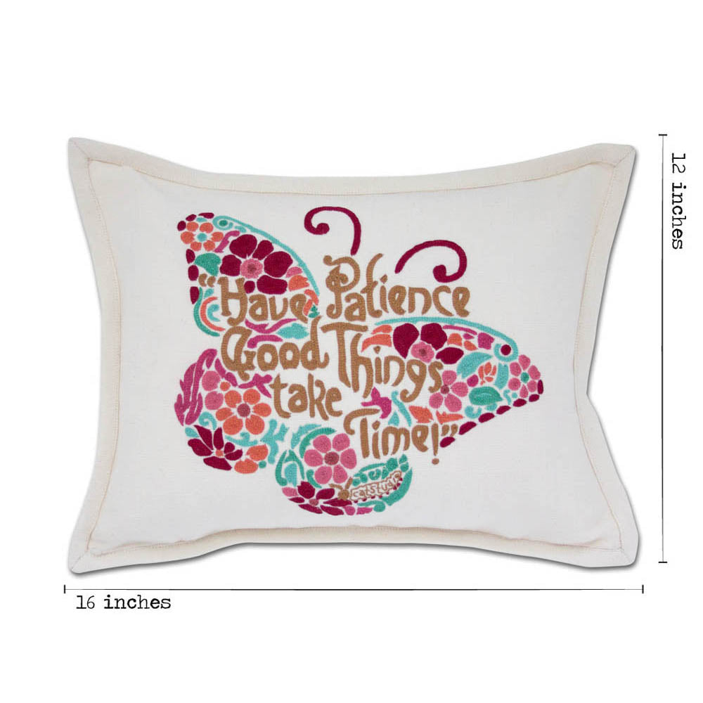 Patience Butterfly Love Letters Hand-Embroidered Pillow - Available in Pink or Blue by CatStudio from Quirks!