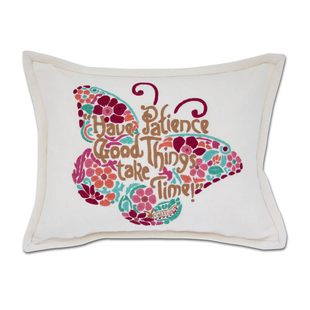 Patience Butterfly Love Letters Hand-Embroidered Pillow - Available in Pink or Blue by CatStudio from Quirks!