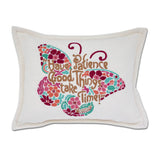 Patience Butterfly Love Letters Hand-Embroidered Pillow - Available in Pink or Blue by CatStudio from Quirks!