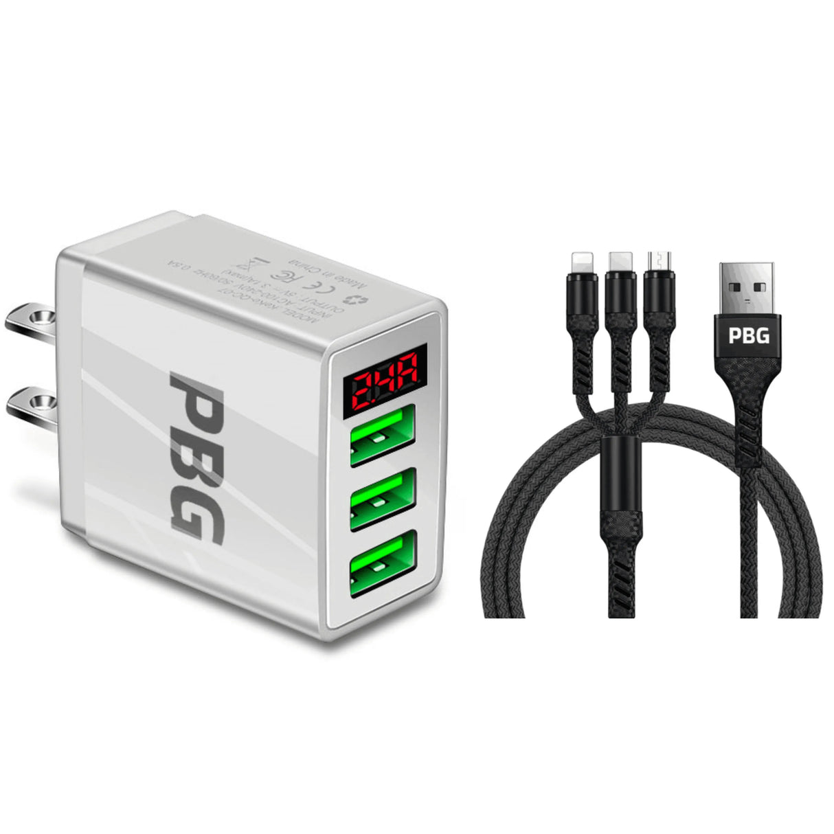 PBG 3 port LED Display Wall Charger and 3 in 1 Cable Bundle Black from PremiumBrandGoods