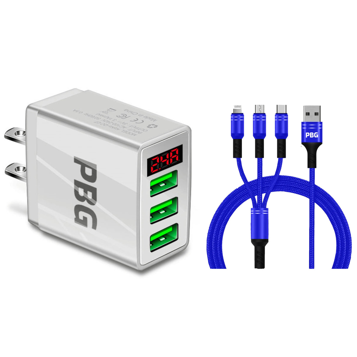 PBG 3 port LED Display Wall Charger and 3 in 1 Cable Bundle Blue from PremiumBrandGoods
