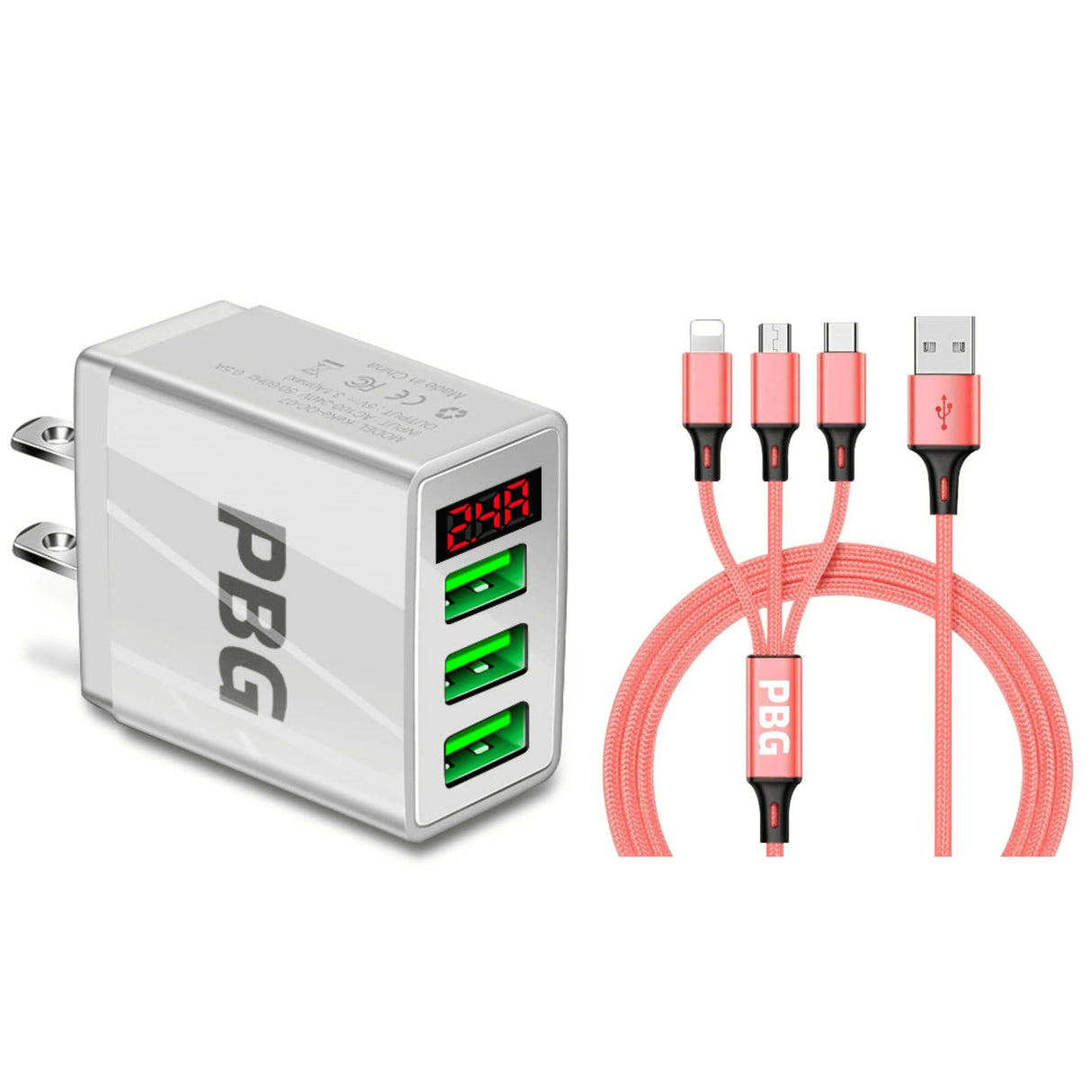PBG 3 port LED Display Wall Charger and 3 in 1 Cable Bundle Pink from PremiumBrandGoods
