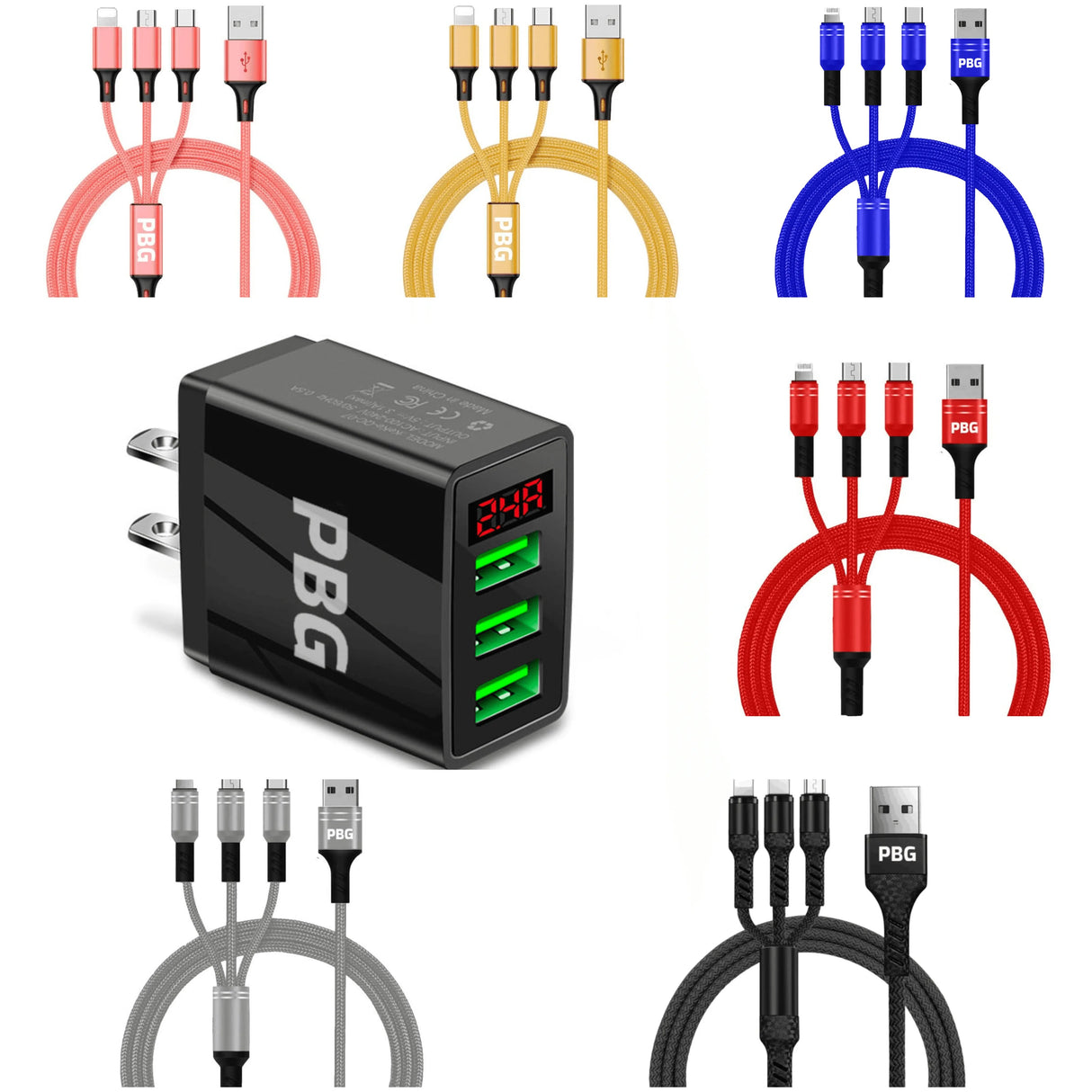PBG 3 port LED Display Wall Charger  and 3 in 1 Cable Bundle from PremiumBrandGoods