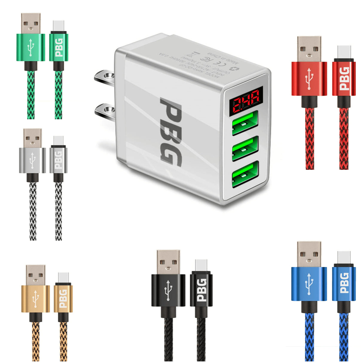 PBG 3 port LED Display Wall Charger and XL10FT Charger Compatible for Iphone Cable Bundle from PremiumBrandGoods