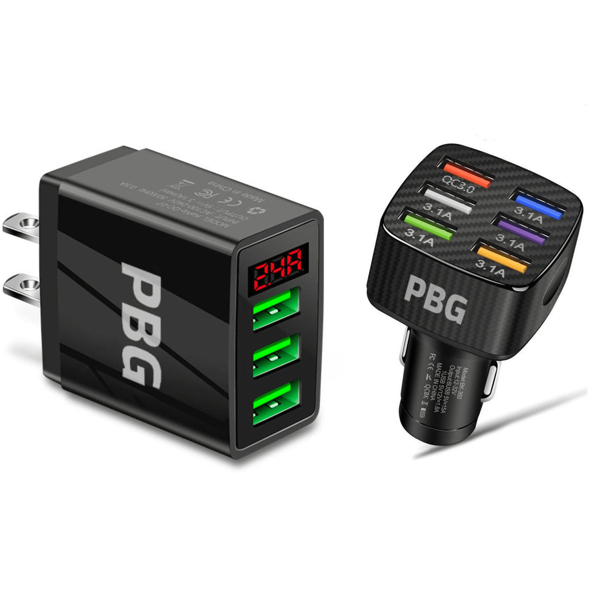PBG 3 Port LED Voltage Wall Charger and 6 Port Car Charger Black/Black from PremiumBrandGoods