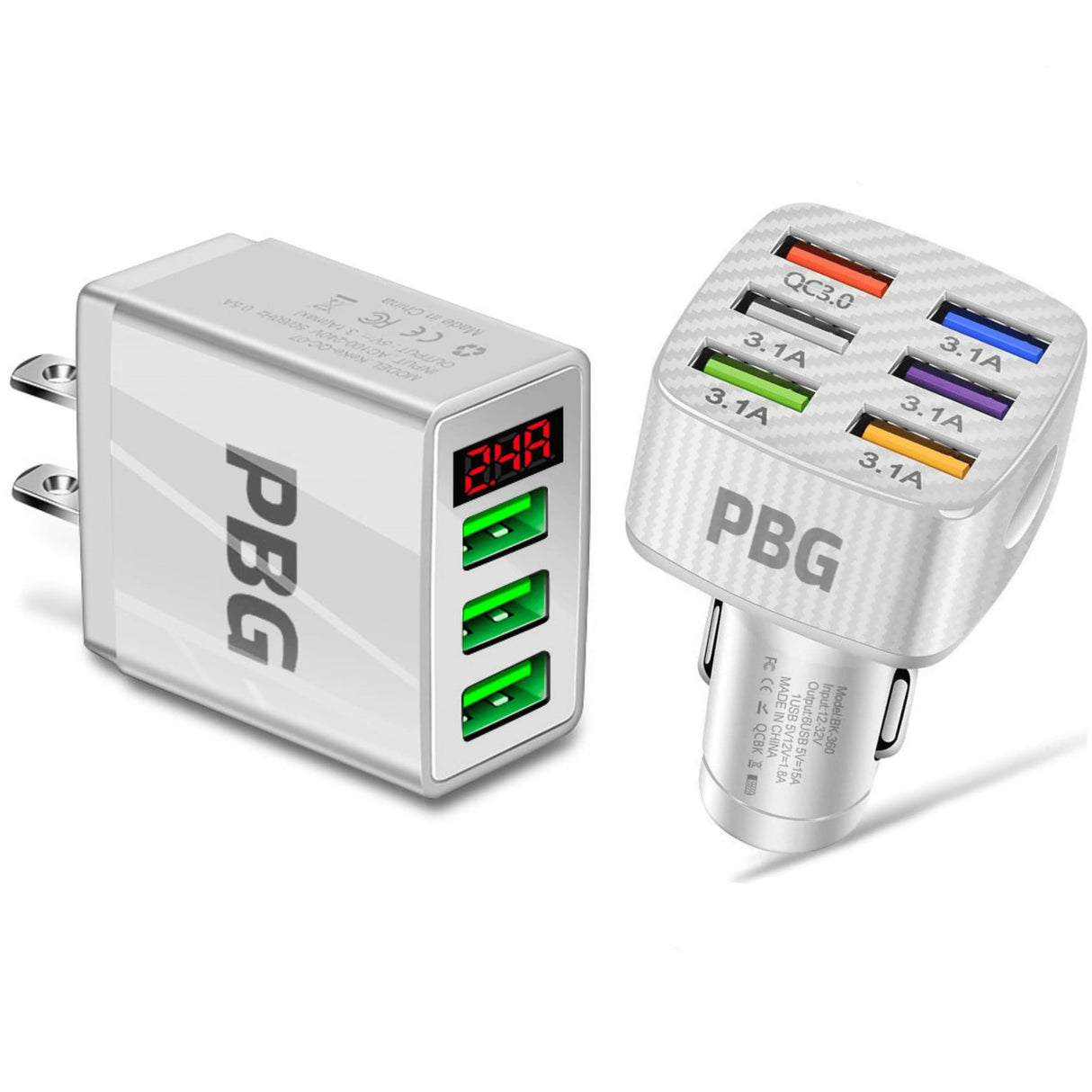 PBG 3 Port LED Voltage Wall Charger and 6 Port Car Charger White/White from PremiumBrandGoods