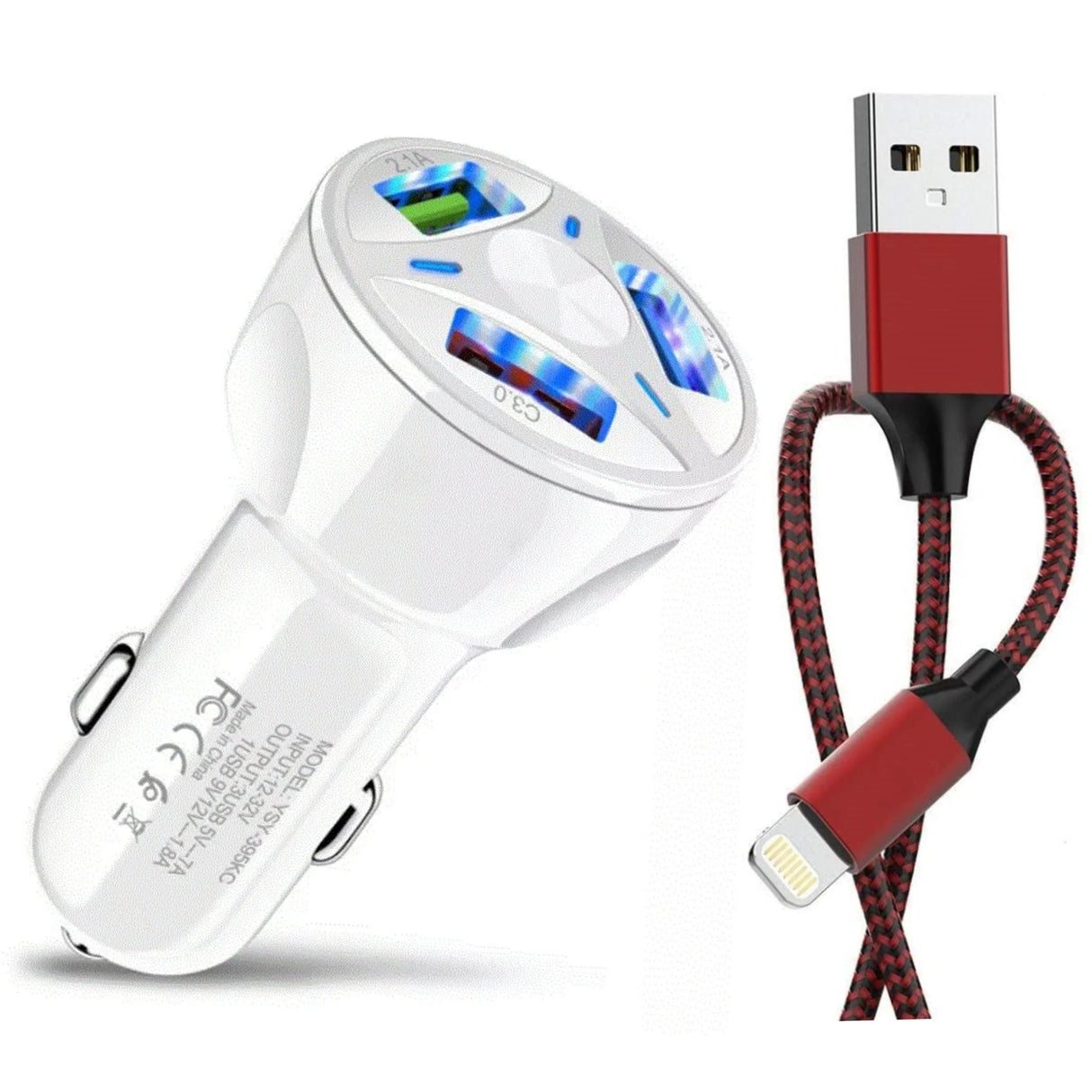 PBG 3 Port White USB Fast LED Car Charger and Charger Compatible for Iphone USB Cable Combo from PremiumBrandGoods
