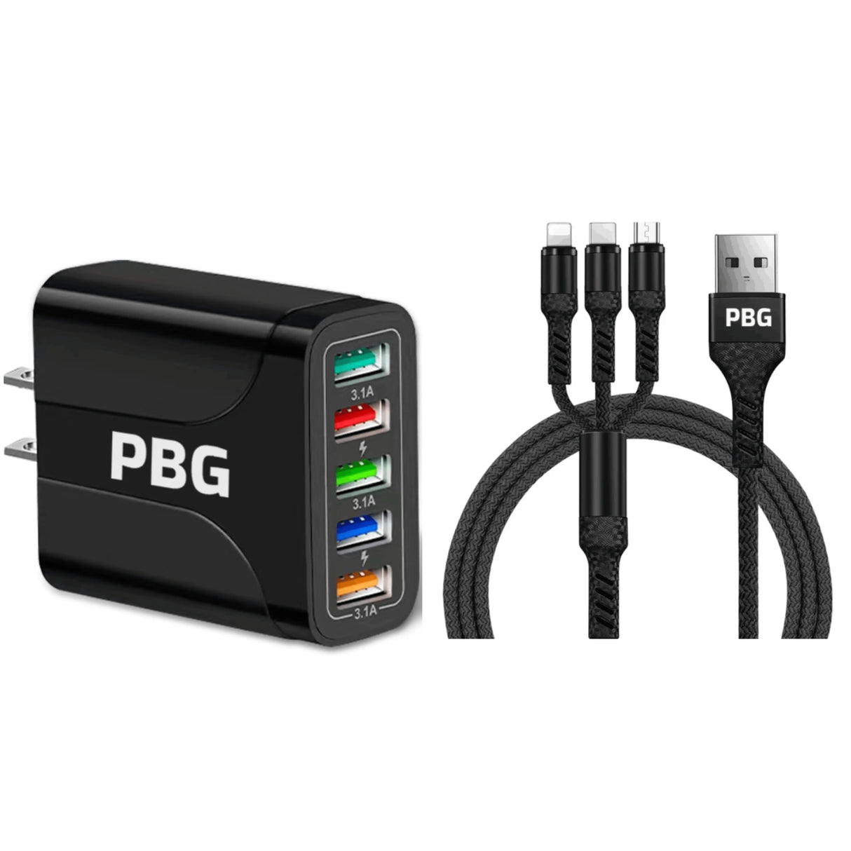 PBG Black 5-Port LED Wall Charger & QC 3-in-1 Nylon Braided Fast Charging Cable from PremiumBrandGoods