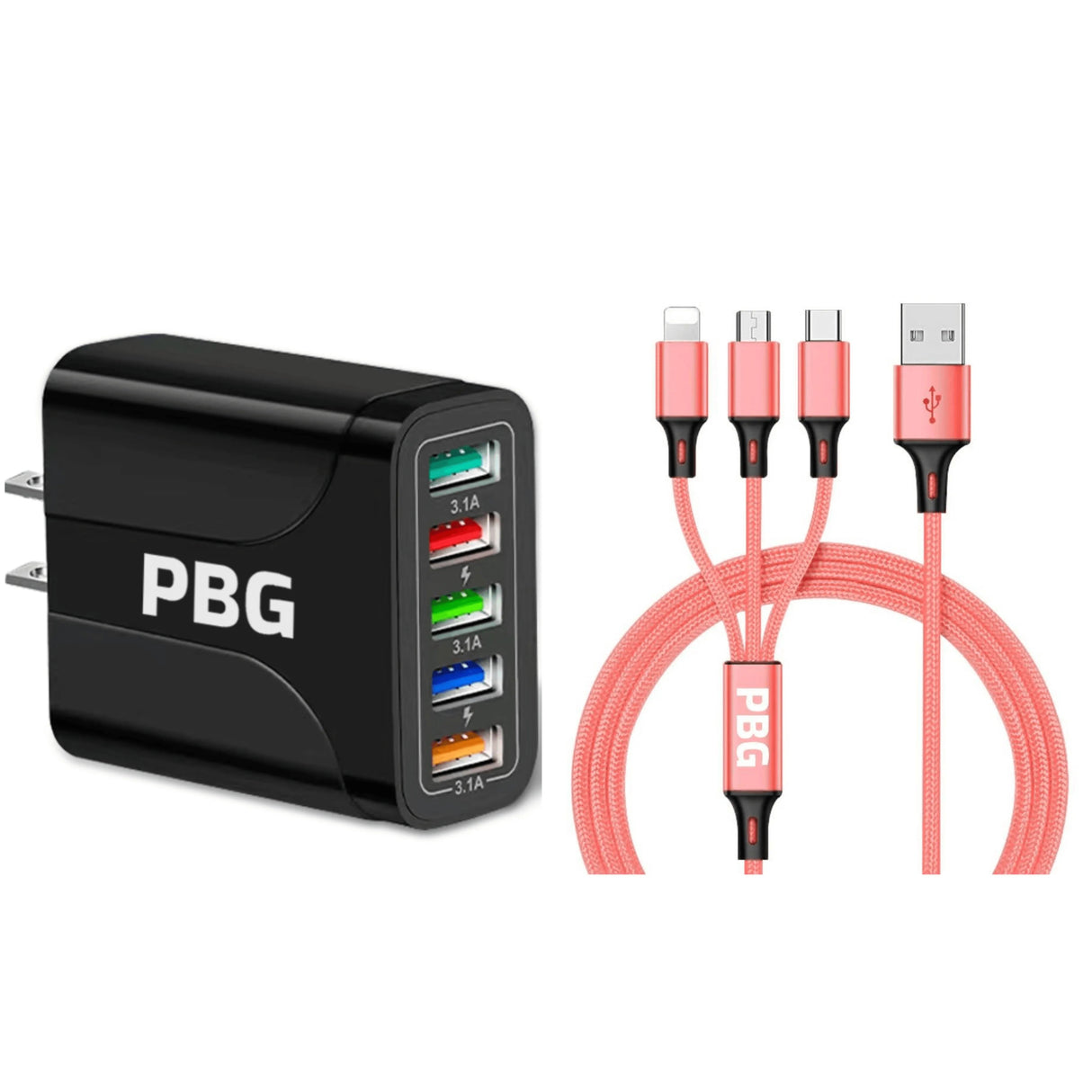 PBG Black 5-Port LED Wall Charger & QC 3-in-1 Nylon Braided Fast Charging Cable from PremiumBrandGoods