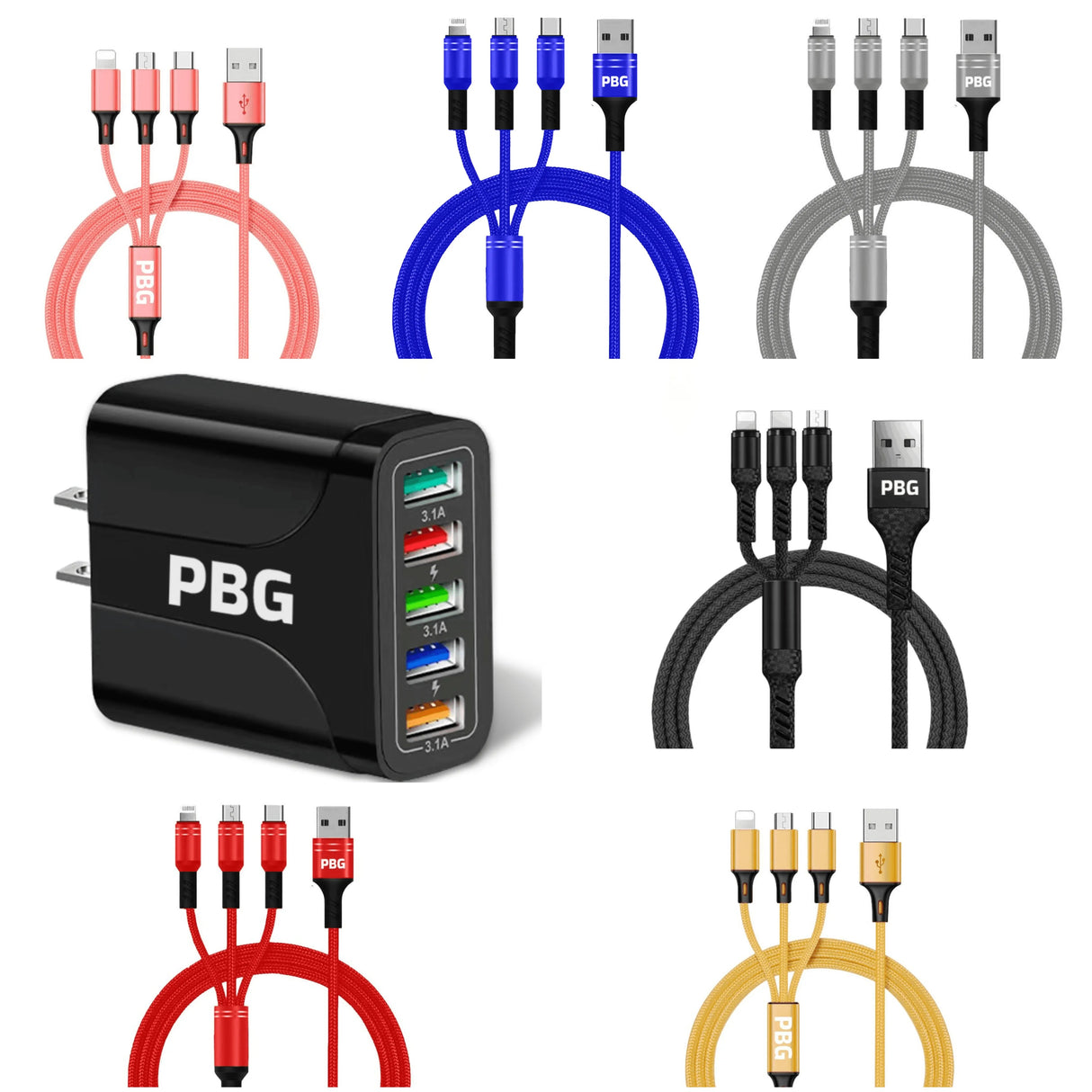 PBG Black 5-Port LED Wall Charger & QC 3-in-1 Nylon Braided Fast Charging Cable from PremiumBrandGoods