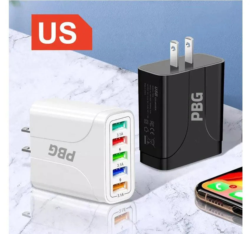 PBG Black 5-Port LED Wall Charger & QC 3-in-1 Nylon Braided Fast Charging Cable from PremiumBrandGoods