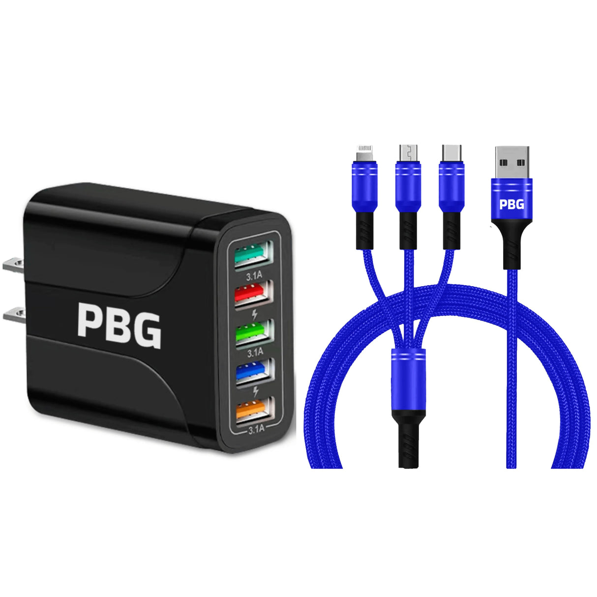 PBG Black 5-Port LED Wall Charger & QC 3-in-1 Nylon Braided Fast Charging Cable from PremiumBrandGoods