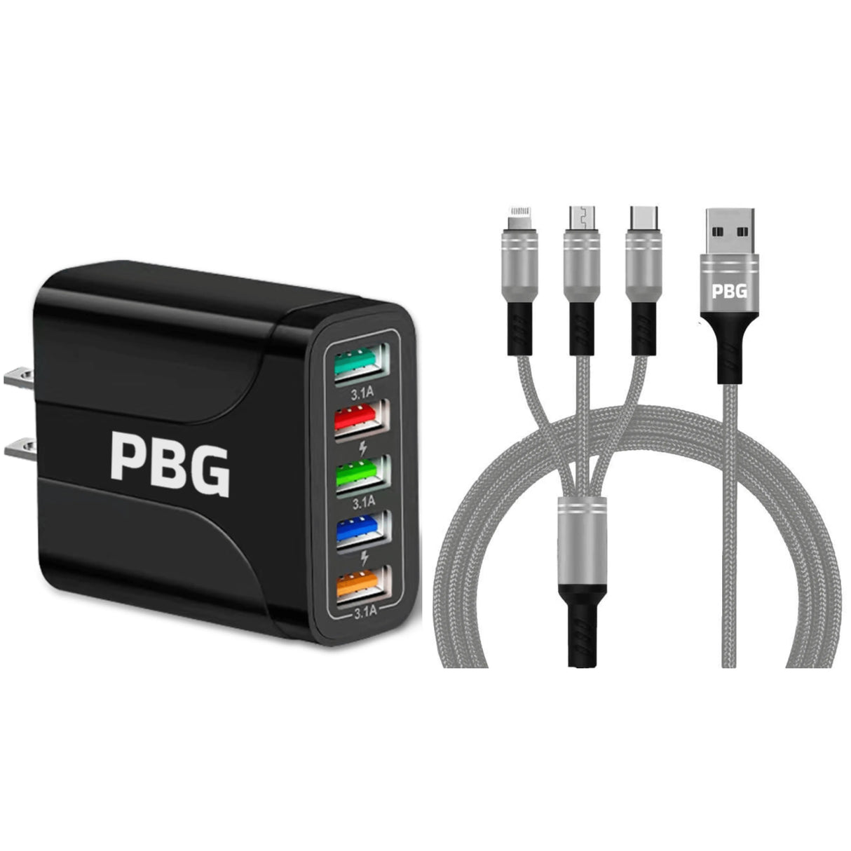 PBG Black 5-Port LED Wall Charger & QC 3-in-1 Nylon Braided Fast Charging Cable from PremiumBrandGoods