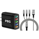 PBG Black 5-Port LED Wall Charger & QC 3-in-1 Nylon Braided Fast Charging Cable from PremiumBrandGoods