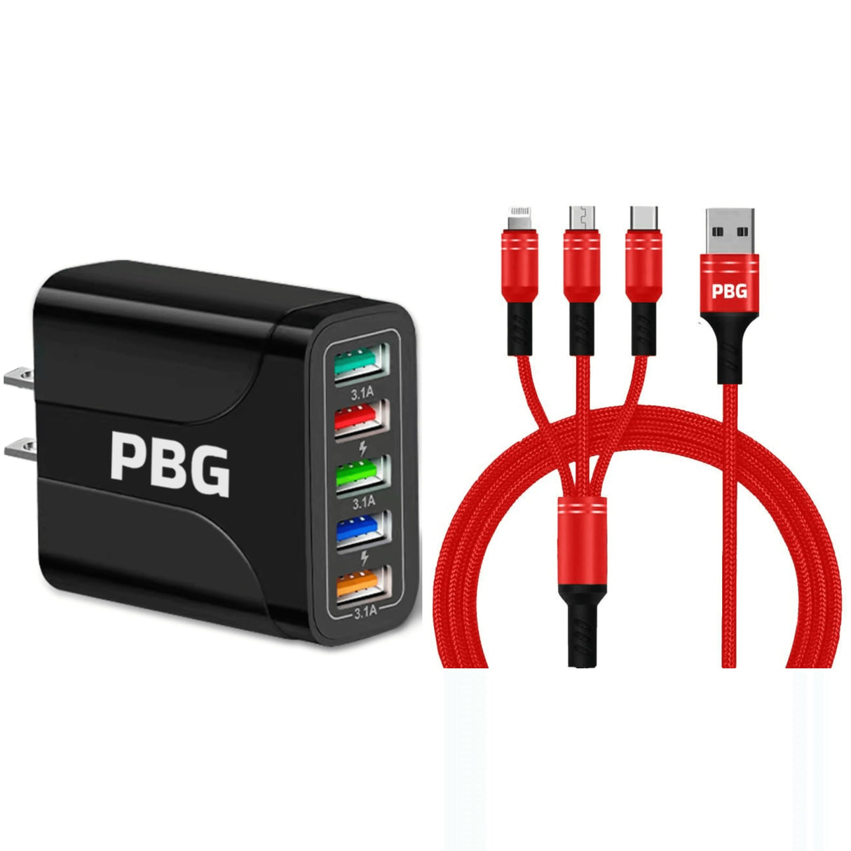 PBG Black 5-Port LED Wall Charger & QC 3-in-1 Nylon Braided Fast Charging Cable from PremiumBrandGoods