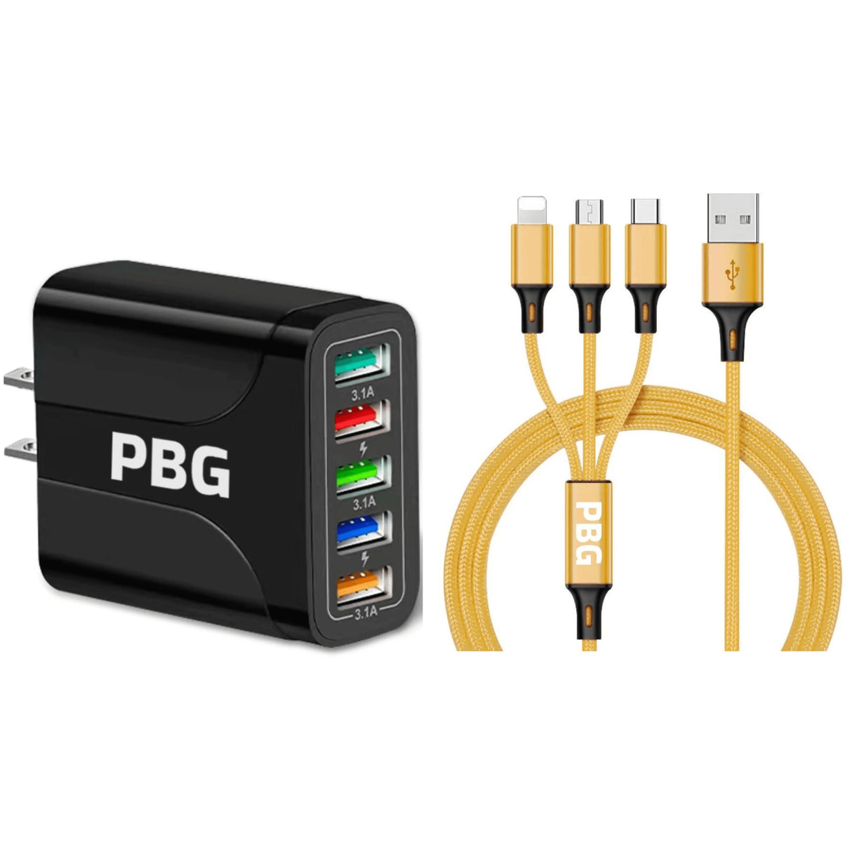 PBG Black 5-Port LED Wall Charger & QC 3-in-1 Nylon Braided Fast Charging Cable from PremiumBrandGoods