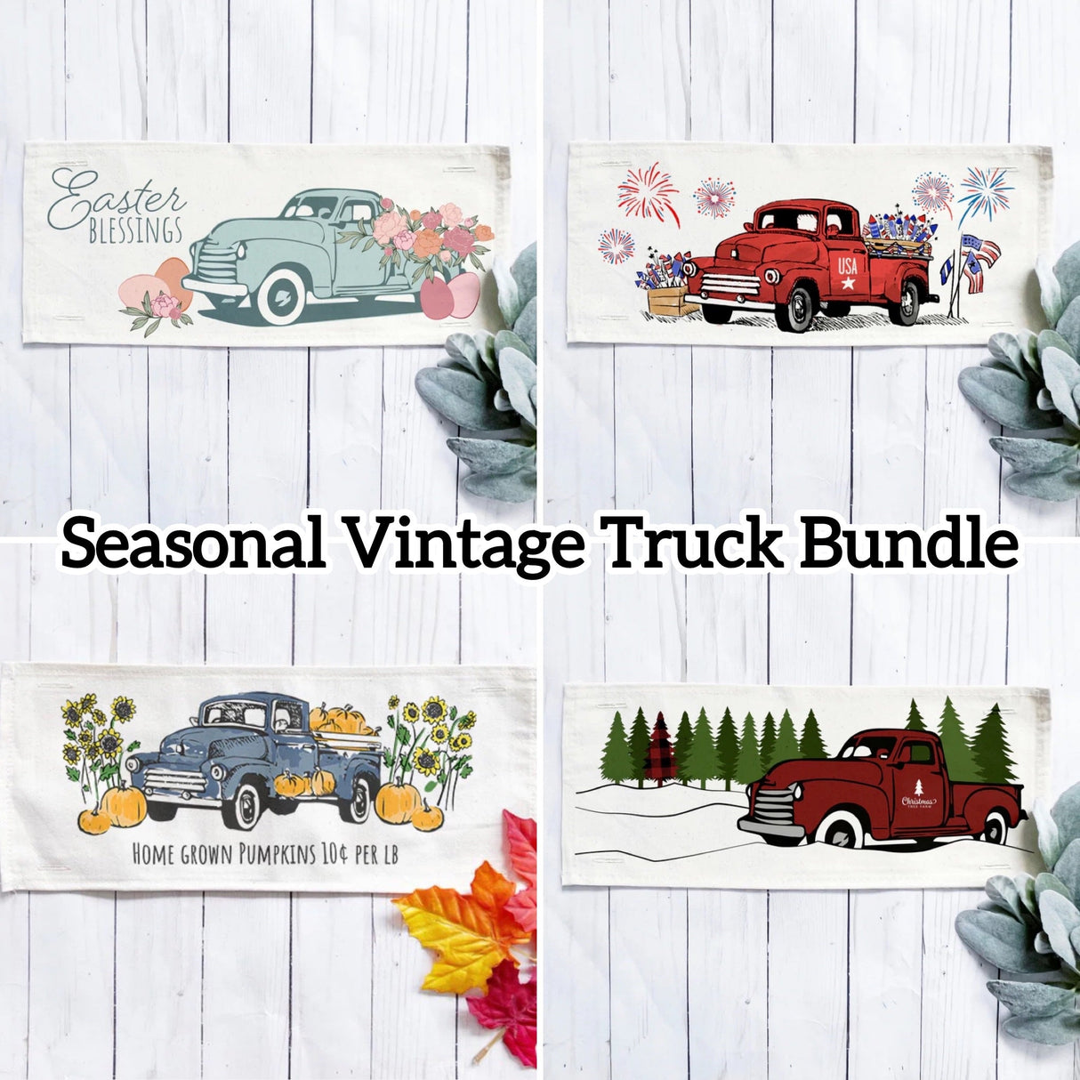 BUNDLE DEAL: Vintage Truck Panels (4 pack) SAVE!! Spring, Summer, Fall, Christmas, EASTER / FIREWORKS / PUMPKIN / PLAID TREE TRUCKS From PillowPanels