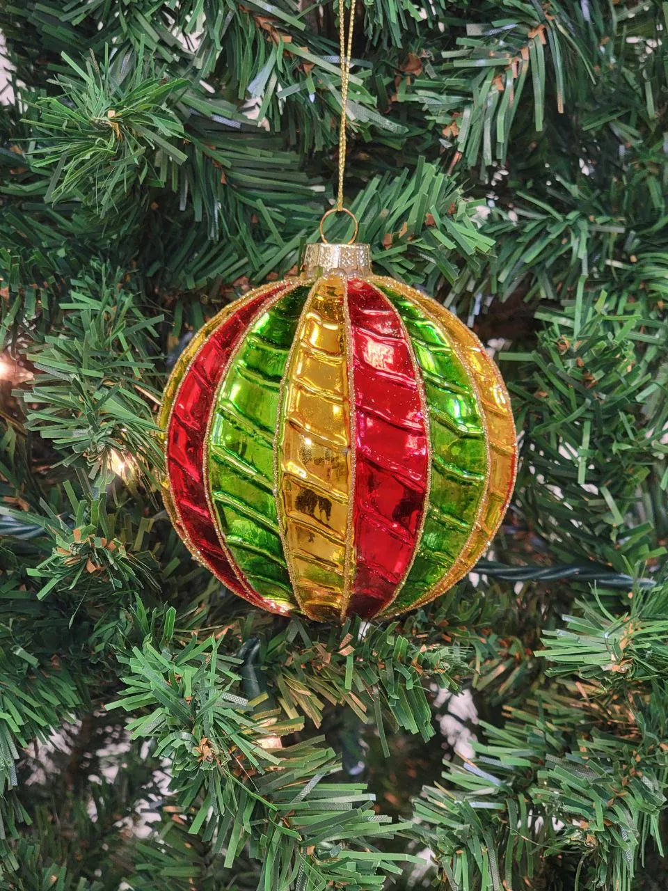 Red and Green Striped Ball Glass Christmas Ornament F07M7-35-LH76-23094 from Wizardi