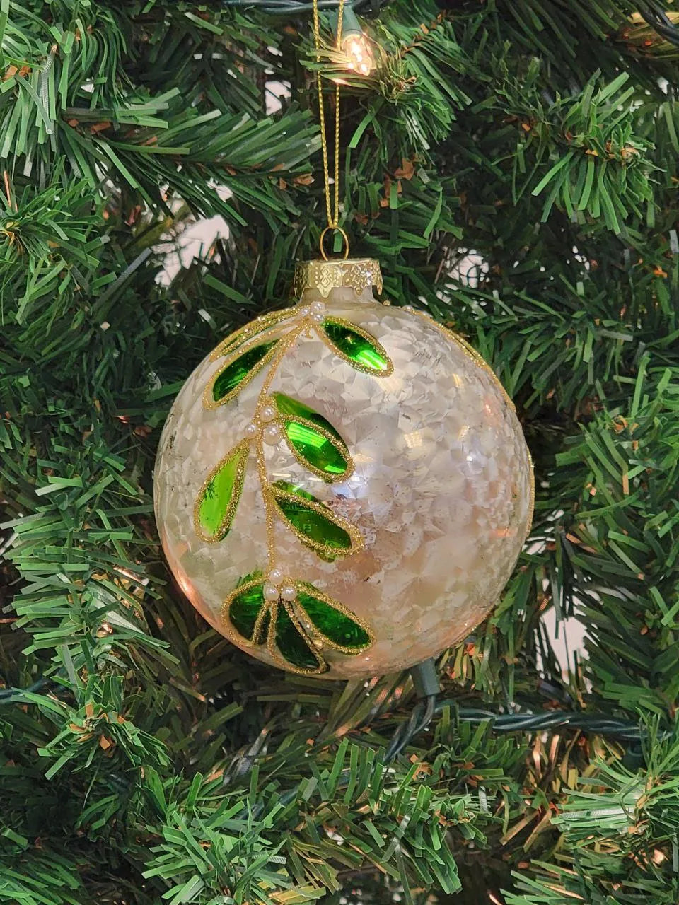 White and Green Glitter Leaf Glass Christmas Ornament F07M7-29-LH76-23081 from Wizardi