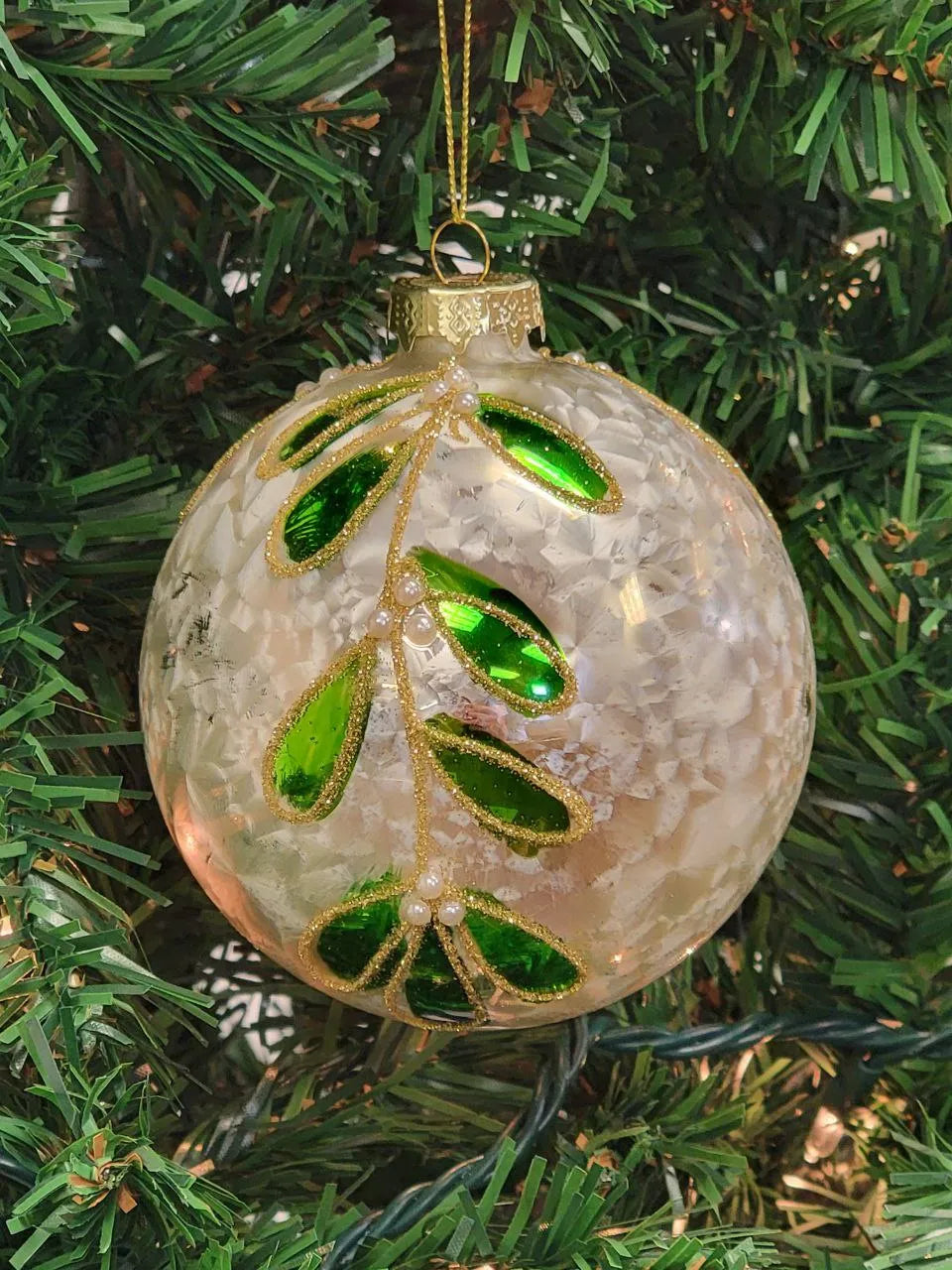 White and Green Glitter Leaf Glass Christmas Ornament F07M7-29-LH76-23081 from Wizardi