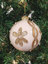 White Ball with Gold Flower Glass Christmas Ornament F07M7-30-LH76-23098 From Wizardi