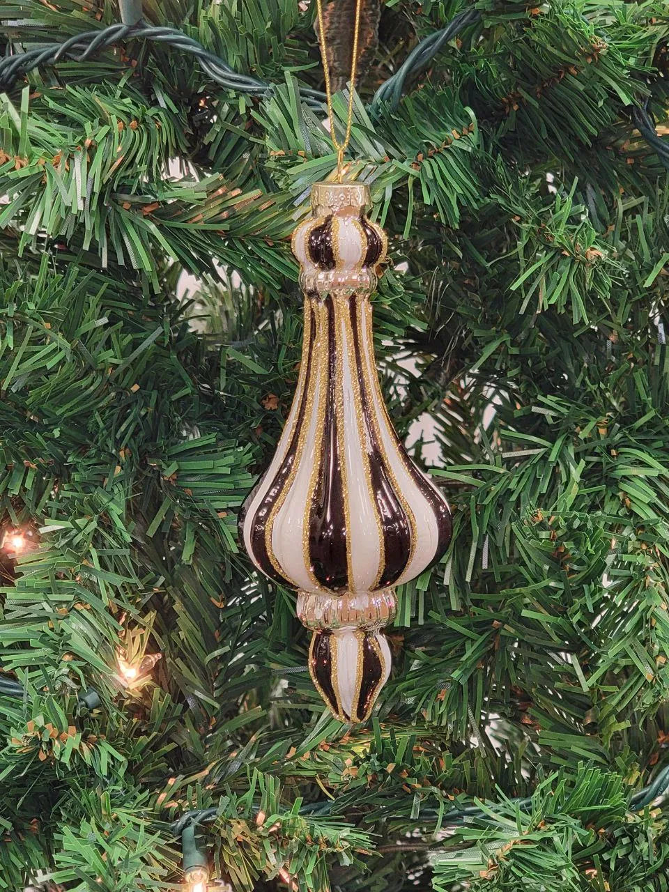 Gold and White Striped Finial Glass Christmas Ornament F07M7-6-LH76-23037 from Wizardi