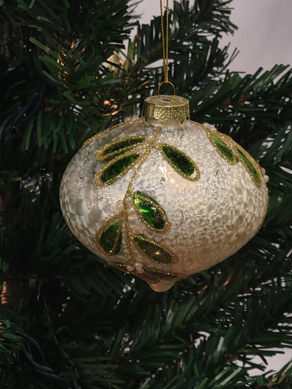 White Glitter Leaf Ball Glass Christmas Ornament F07M7-25-LH76-23096 from Wizardi