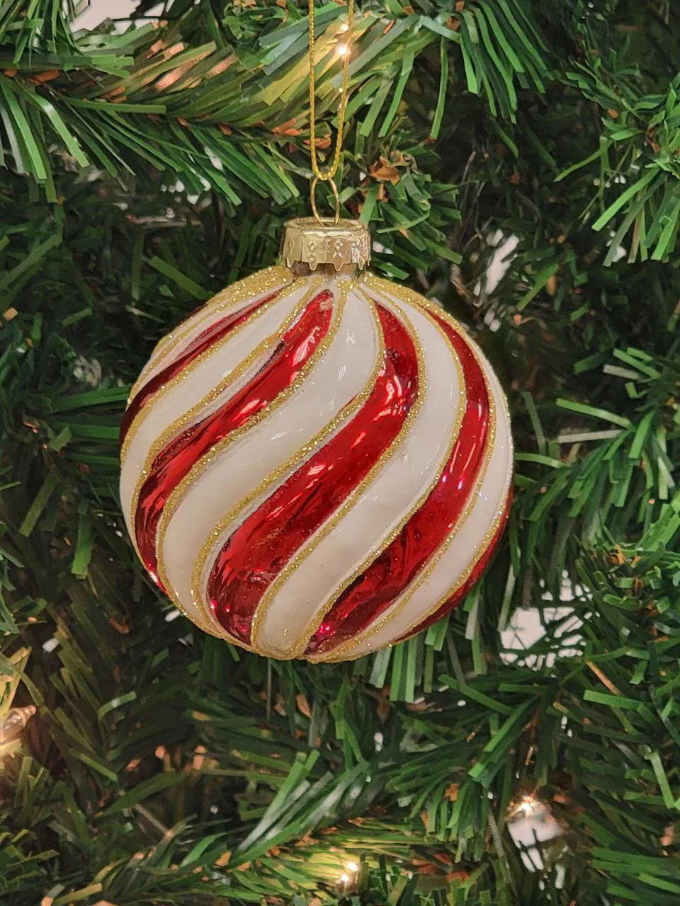 Red and White Striped Candy Ball Glass Christmas Ornament F07M7-19-LH76-2201 from Wizardi