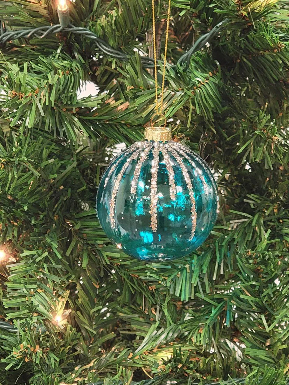 Turquoise and Gold Striped Ball Glass Christmas Ornament F07M7-11-LH76-2319 from Wizardi