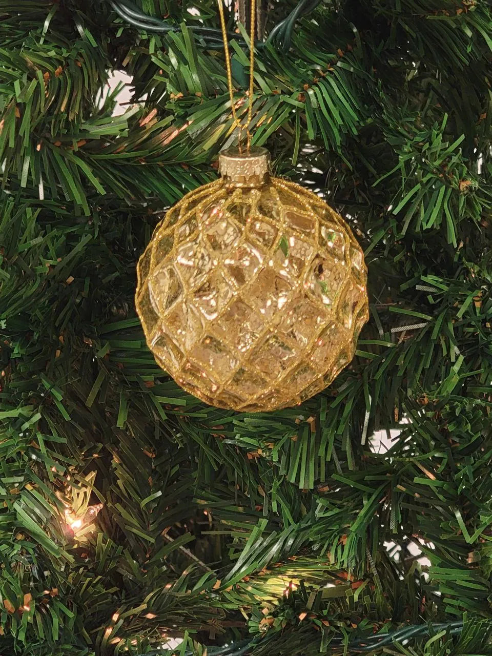 Gold Lattice Pattern Ball Glass Christmas Ornament F07M7-10-LH76-24002 From Wizardi