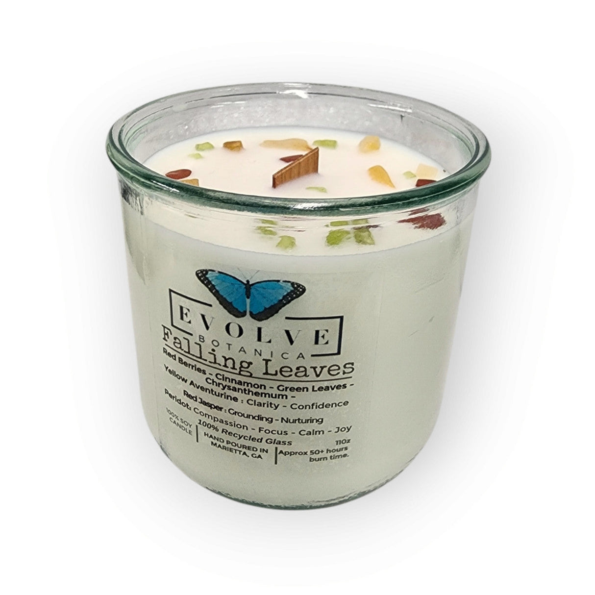Rocks Candle - Falling Leaves (Wood Wick, Peridot, Red Jasper, & Yellow Aventurine Gemstone Soy Candle) from Evolve Botanica
