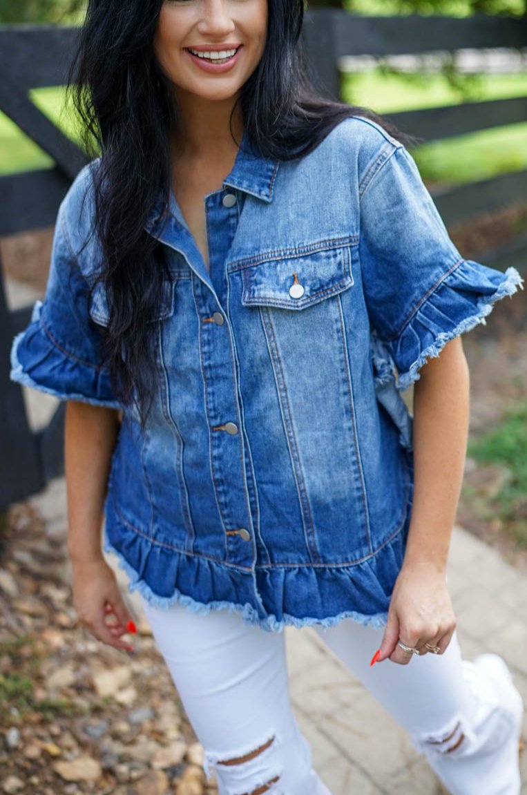Luisa Ruffled Short Sleeve Denim Jacket from Threaded Pear