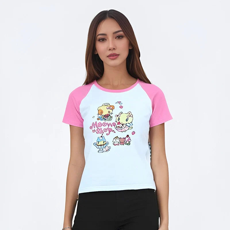 Cat Print T-Shirt – Pink White Patchwork Slim Fit Short Sleeve Tee From Kawaii Stop
