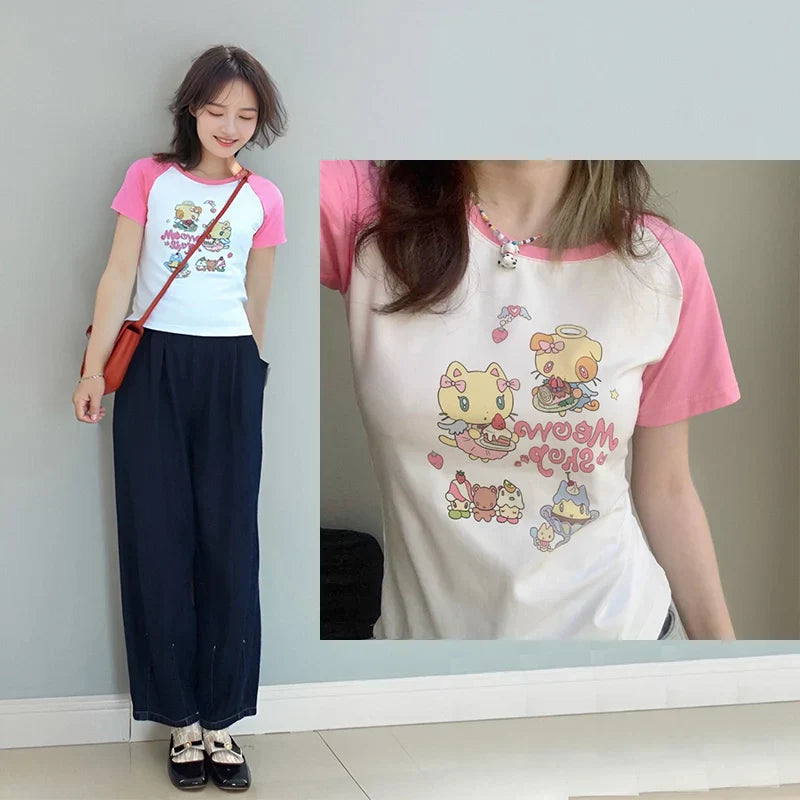 Cat Print T-Shirt – Pink White Patchwork Slim Fit Short Sleeve Tee From Kawaii Stop