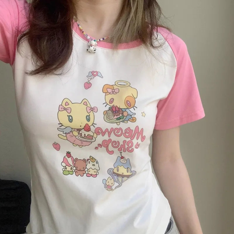 Cat Print T-Shirt – Pink White Patchwork Slim Fit Short Sleeve Tee From Kawaii Stop