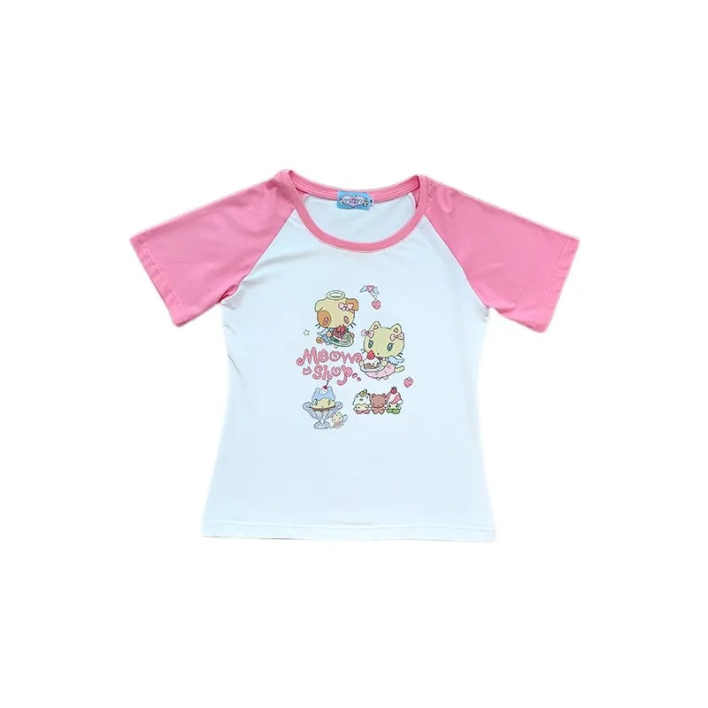 Cat Print T-Shirt – Pink White Patchwork Slim Fit Short Sleeve Tee From Kawaii Stop