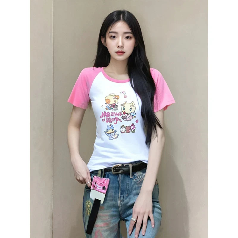 Cat Print T-Shirt – Pink White Patchwork Slim Fit Short Sleeve Tee From Kawaii Stop