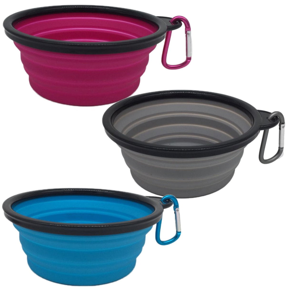 Mr. Peanut's 3 Pak XL (25oz) Collapsible Silicone Bowls with Color Matched Carabiner Clips from Mr. Peanut's Pet Carriers