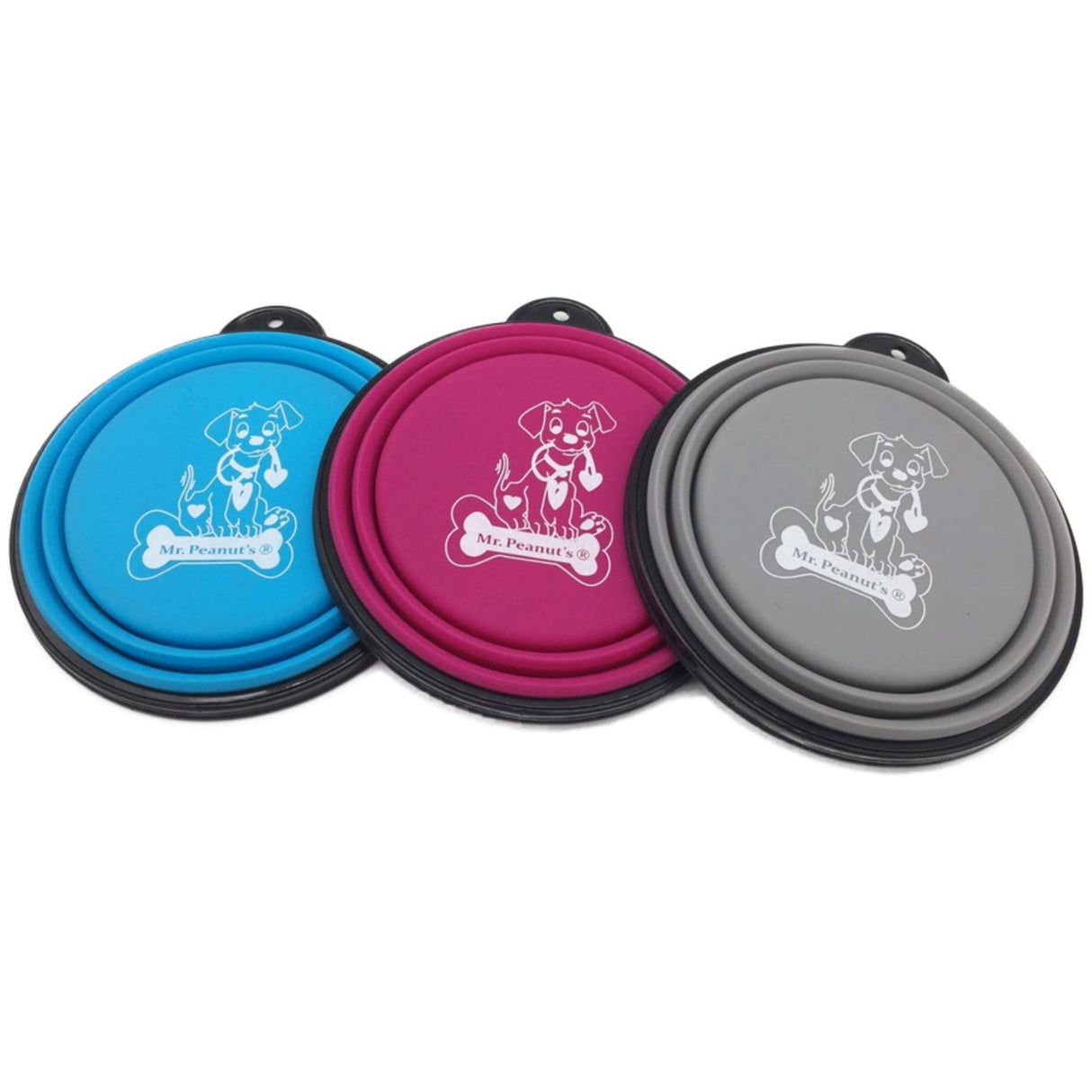 Mr. Peanut's 3 Pak XL (25oz) Collapsible Silicone Bowls with Color Matched Carabiner Clips from Mr. Peanut's Pet Carriers