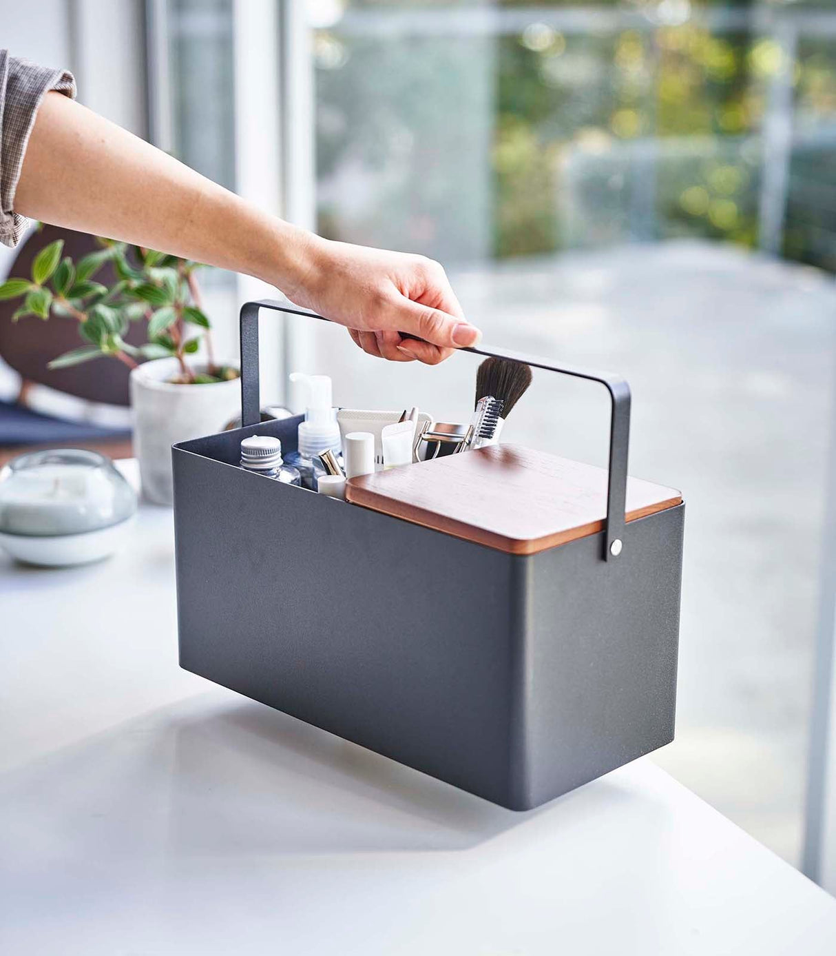 Makeup Organizer with Mirror - Steel + Wood from Yamazaki Home