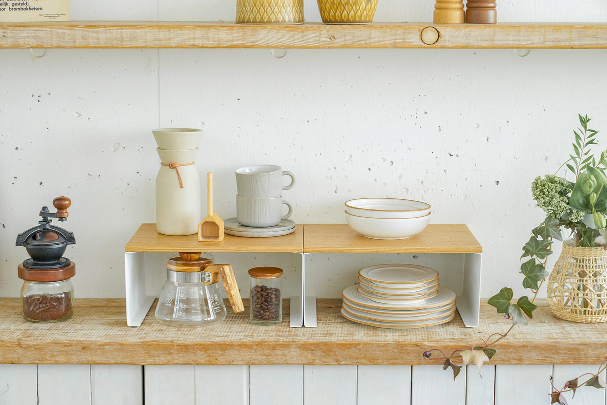 Stackable Countertop Shelf - Two Sizes - Steel + Wood from Yamazaki Home